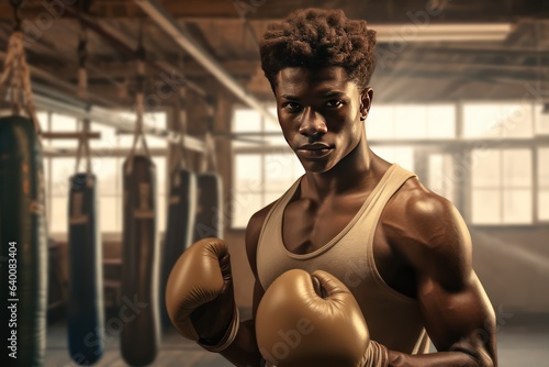 A young African American boxer in the gym. He looking at camera. Combat sport as a method of hardening the body and character. photo