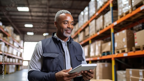 A middle-aged African American male accountant stands in a warehouse with a papers and checks the statements for the presence of goods. Warehouse accounting and bookkeeping