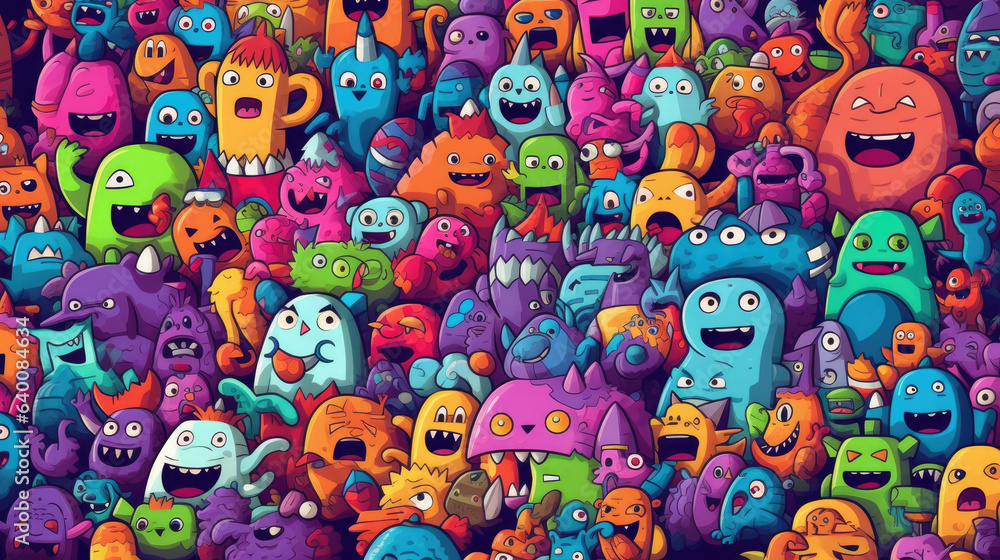 Vector cute doodle monsters seamless pattern