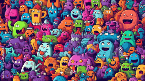 Vector cute doodle monsters seamless pattern photo