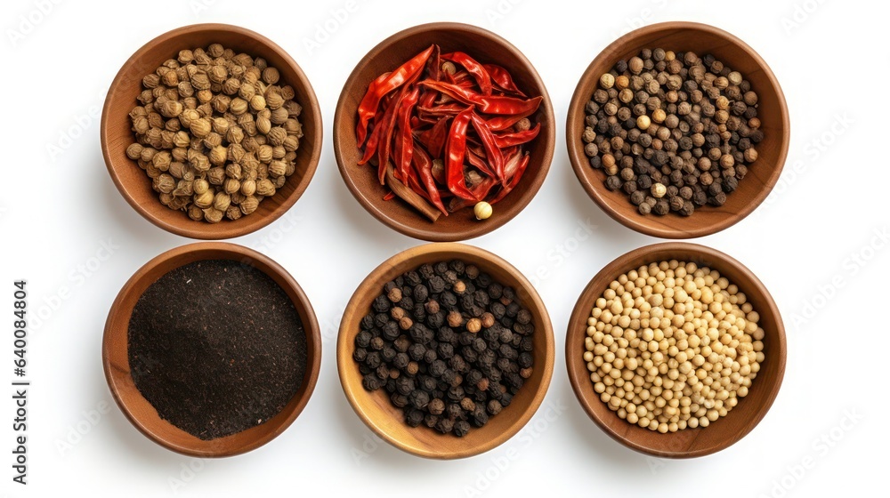 Set of different types of pepper, paprika, black pepper, chili pepper in wooden bowls on white background, flatlay.