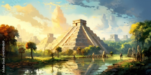 illustration of historical art of Chichen Itza in forest  generative AI