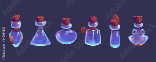 Empty magic potion bottle for fantasy game cartoon set. Witch glass elixir jar with cork for laboratory clipart collection. Isolated chemistry container ui rpg app icon apothecary illustration.