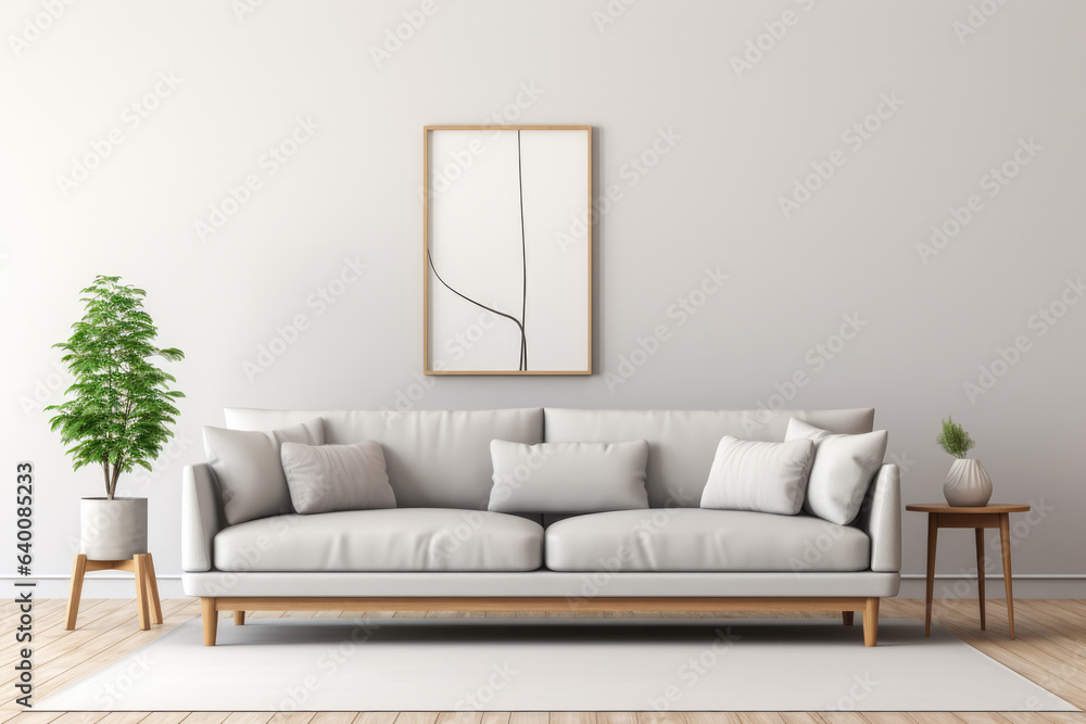 Fototapeta premium Modern sofa in a living room. Interior design minimalistic composition.