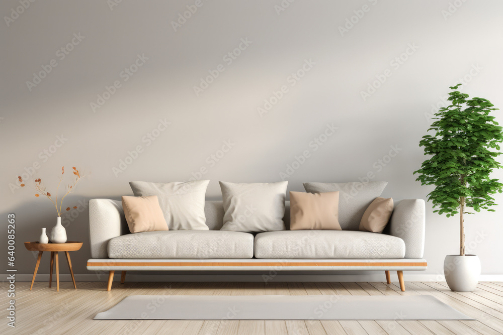 Modern sofa in a living room. Interior design minimalistic composition.