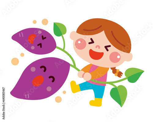 芋掘りをしている女の子のイラスト