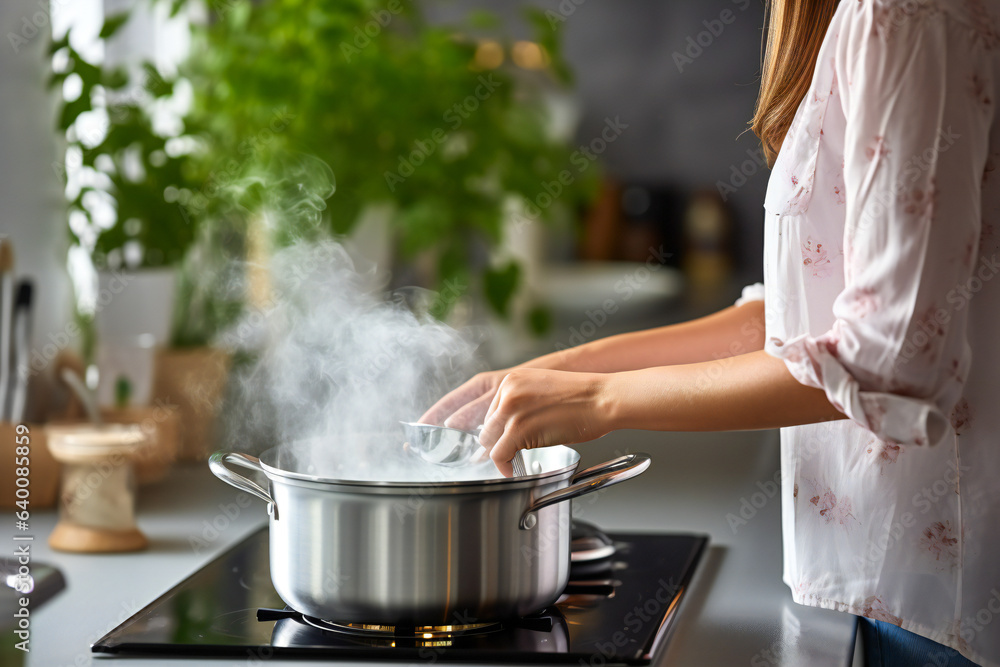 A young woman cooking for family A young woman cooking for family