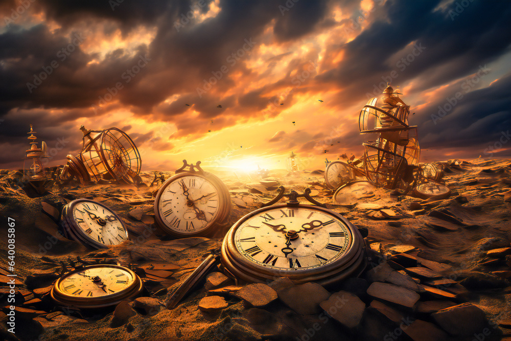 Abstract time related concept with old clocks in the desert - obrazy, fototapety, plakaty 