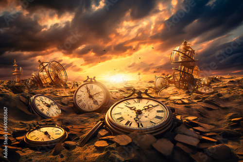 Abstract time related concept with old clocks in the desert