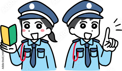 笑顔で初心者マークを持つ若い男女の警備員(上半身)