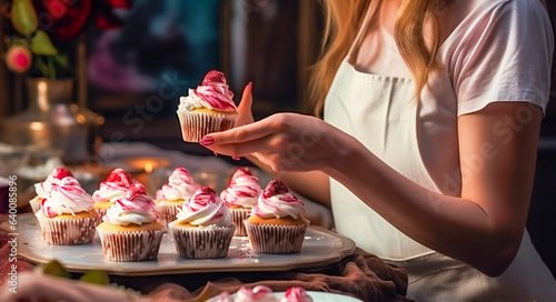 Hands of a young woman making cupcakes using raspberries