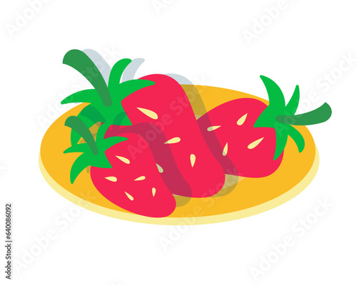 Colourful strawberry, berry on plate. Cartoon food isolated on white background for design. Market and healthy, organic products. Vector illustration. 