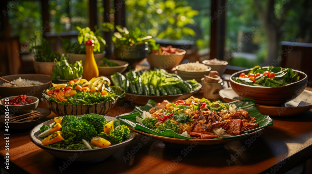 Variety of Thai food on a wooden table