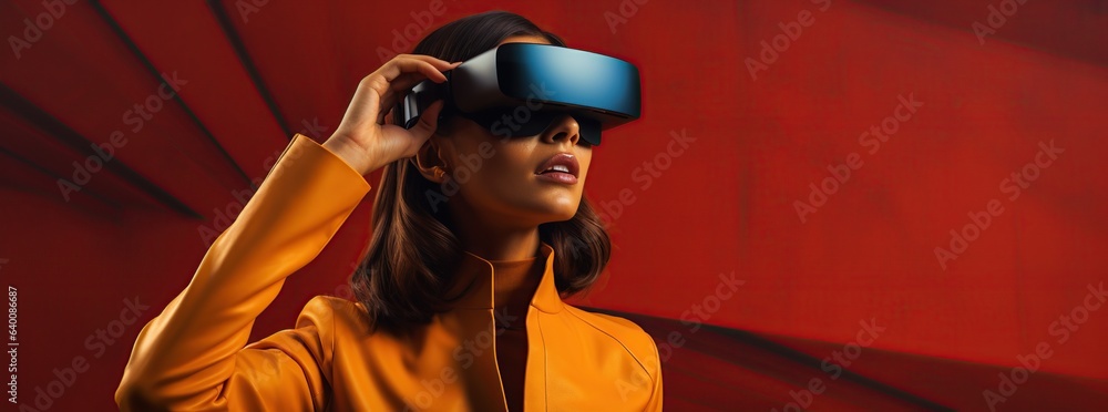 Obraz premium Illustration of a person wearing a virtual reality VR headset, AI Generated.