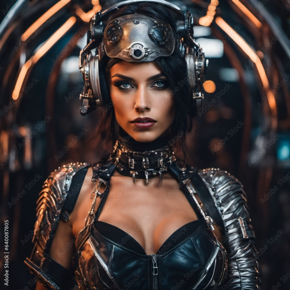 In a cyberpunk neon world, a white woman dons stylish cyberpunk attire with cap and goggles, embodying the edgy, tech-savvy spirit of the future In a cyberpunk neon world, a white woman dons stylish cyberpunk attire with cap and goggles, embodying the edgy, tech-savvy spirit of the future