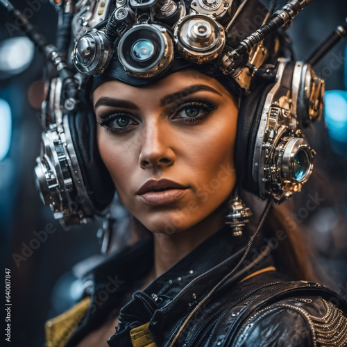 In a cyberpunk neon world, a white woman dons stylish cyberpunk attire with cap and goggles, embodying the edgy, tech-savvy spirit of the future