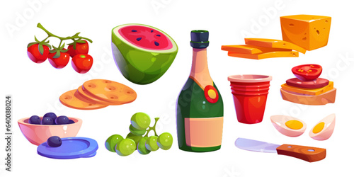 Picnic or dinner food set. Cartoon vector illustration of variouos fast meals - sandwich, cheese and coockies, vegetables and fruits, bottle with wine, plastic cup and knife. Fresh eating for buffet.