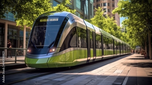 Futuristic electric transport concept. No emission public tram, train. Green city theme. AI generated image. 