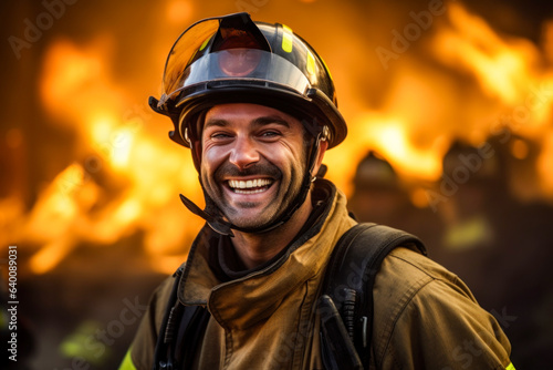 Photo of a smiling firefighter in front of a blazing fire © nordroden
