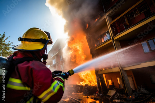 Photo of a firefighter in action, spraying water on a burning building