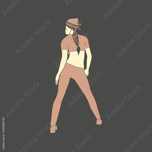 Standing woman. Sport girl illustration. Casual sportwear - t-shirt, breeches and sneakers. Young woman wearing workout clothes. Sport fashion girl outline in urban casual style. Back view