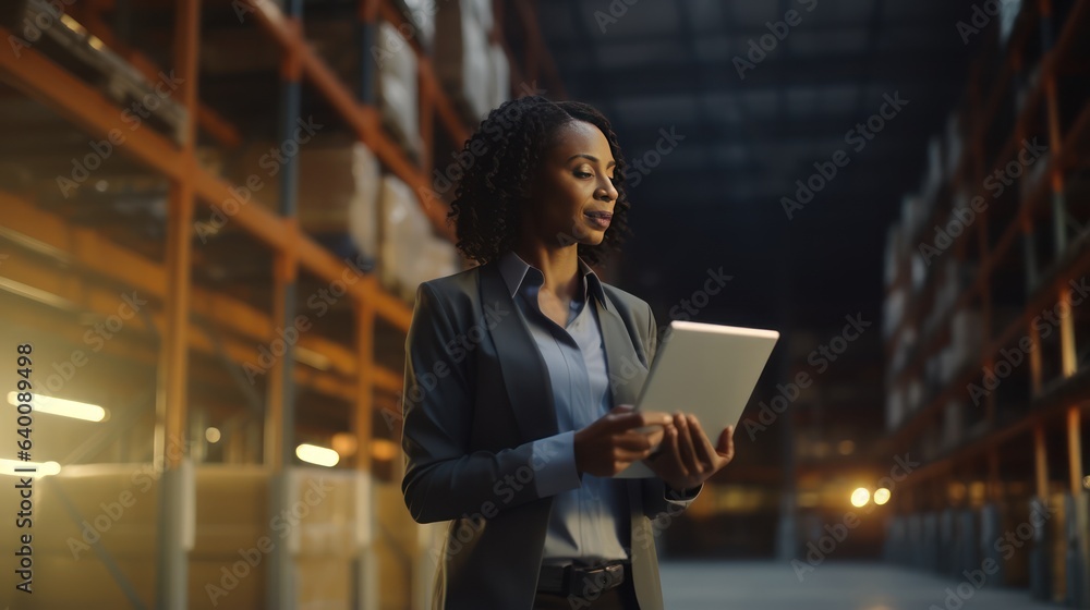 Middle-aged African American woman with tablet PC and checks the statements for the presence of goods. Warehouse accounting. Middle-aged African American woman with tablet PC and checks the statements for the presence of goods. Warehouse accounting.