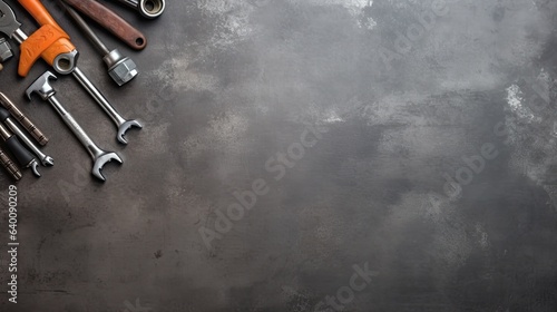 Variety of tools on black background. Top view with copy space