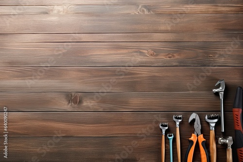 Variety of tools on wooden background. Top view with copy space