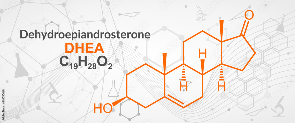 Androstenone or dehydroepiandrosterone chemical formula. Neurotransmitter and human hormones in brain