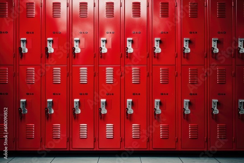 close up on red lockers in the school