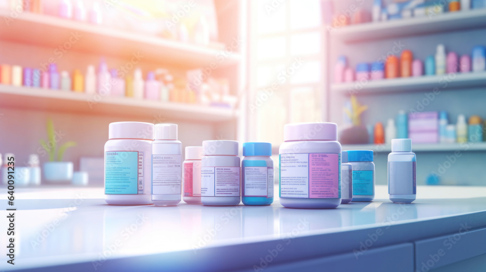Pharmacy blurred banner. Medical pills, pastel background.