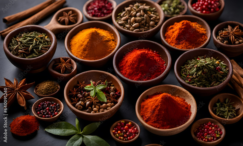 Colorful spices and herbs with empty space asia. generative AI Colorful spices and herbs with empty space asia. generative AI