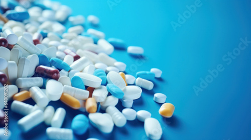 Pills, capsules on blue background with copy space