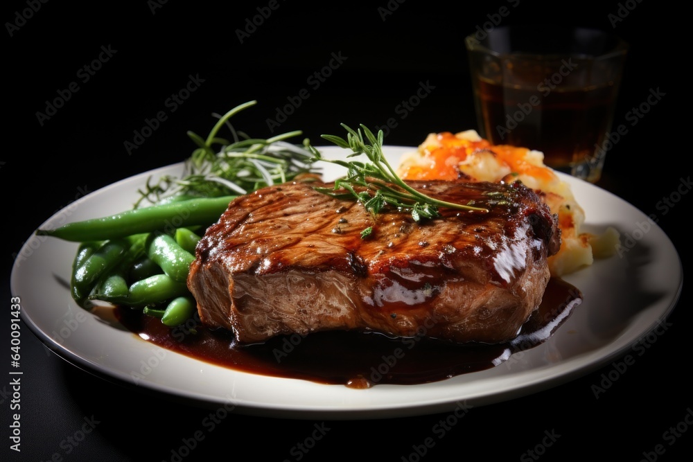 Steak and side dishes on a plate placed on a wooden table.