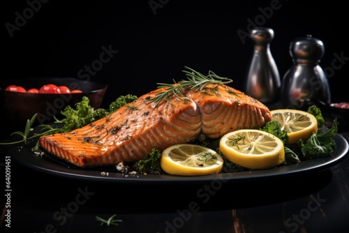 Salmon steaks and side dishes on plate placed on wooden table