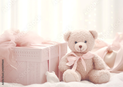 Christmas gifts, teddy bear on in soft pastel shades, creating a feeling of coziness. Advertising project of goods for babies. Banner.