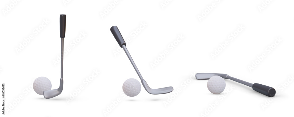 Golf club with ball. Set of realistic vector images. Swing, hit, training. Object in different positions. Sports icons for golf club website. Illustrations for coach service application Golf club with ball. Set of realistic vector images. Swing, hit, training. Object in different positions. Sports icons for golf club website. Illustrations for coach service application