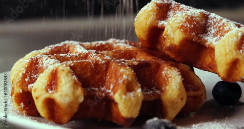 Static close up shot of delicious belgian waffles with blueberrys on the plate while white purder sugar is added for a tasty dessert photo