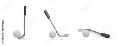 Golf club with ball. Set of realistic vector images. Swing, hit, training. Object in different positions. Sports icons for golf club website. Illustrations for coach service application