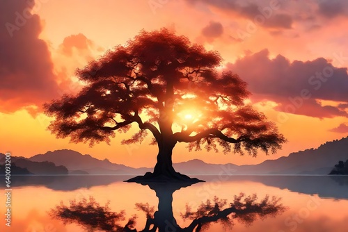  a breathtaking 3D rendering scene of a single tree as a silhouette against a colorful sunset sky.