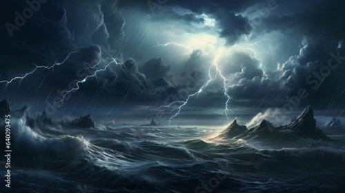 Foto Depiction of a stormy sea with lightning coming out