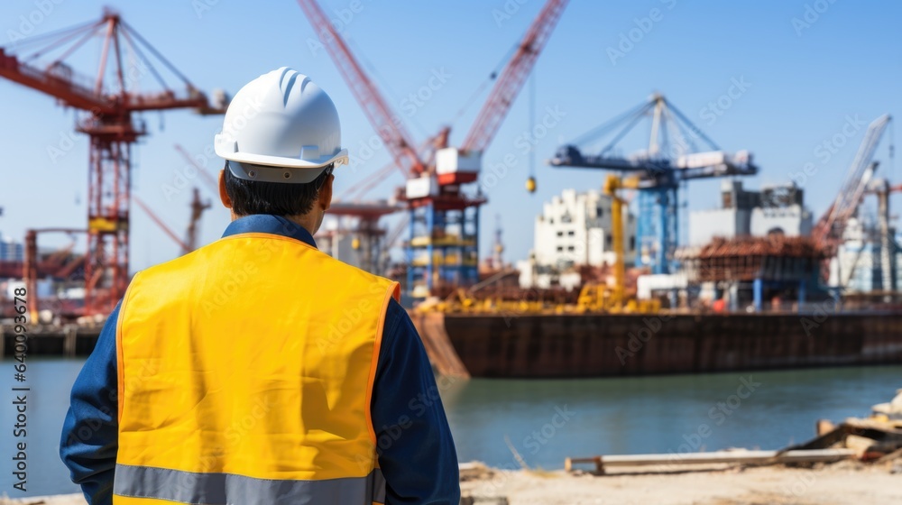 back of Engineer with construction site. back of Engineer with construction site.