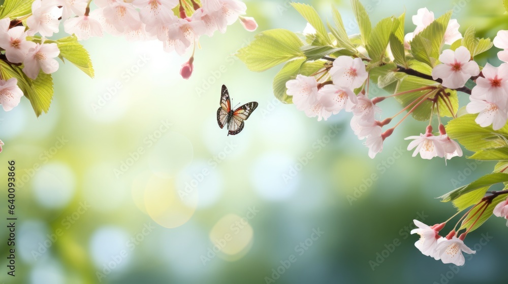 Pink cherry flowers on a blurred background with beautiful bokeh outdoors in nature on a fresh natural green spring background with blossoming sakura branches and fluttering butterflies wide format - obrazy, fototapety, plakaty 