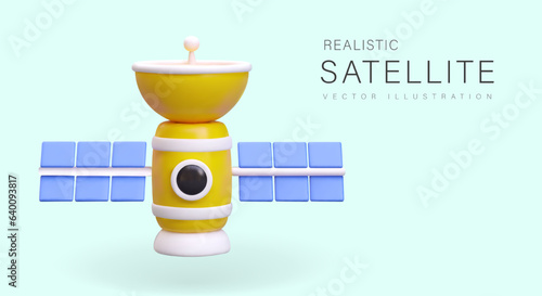 3D space satellite with solar panels and antenna. Data transmission from space. Intelligence service. Survey of Earth. Concept with realistic illustration for web design