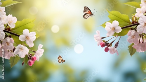 Pink cherry flowers on a blurred background with beautiful bokeh outdoors in nature on a fresh natural green spring background with blossoming sakura branches and fluttering butterflies wide format