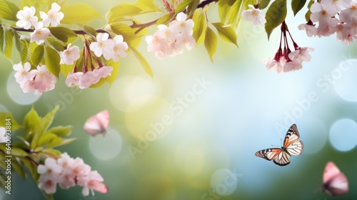Pink cherry flowers on a blurred background with beautiful bokeh outdoors in nature on a fresh natural green spring background with blossoming sakura branches and fluttering butterflies wide format © ND STOCK