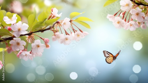 Pink cherry flowers on a blurred background with beautiful bokeh outdoors in nature on a fresh natural green spring background with blossoming sakura branches and fluttering butterflies wide format © ND STOCK