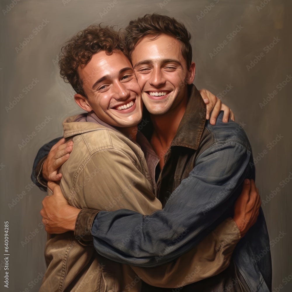 Two young men hugging each other
