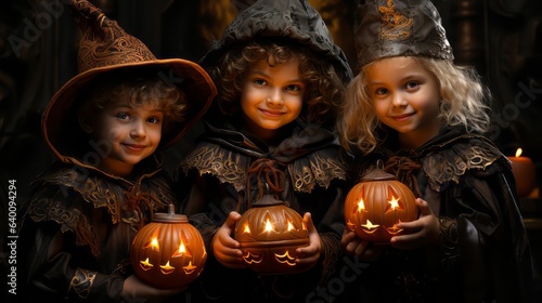Three children dressed as witches and wizards with Halloween pumpkins
