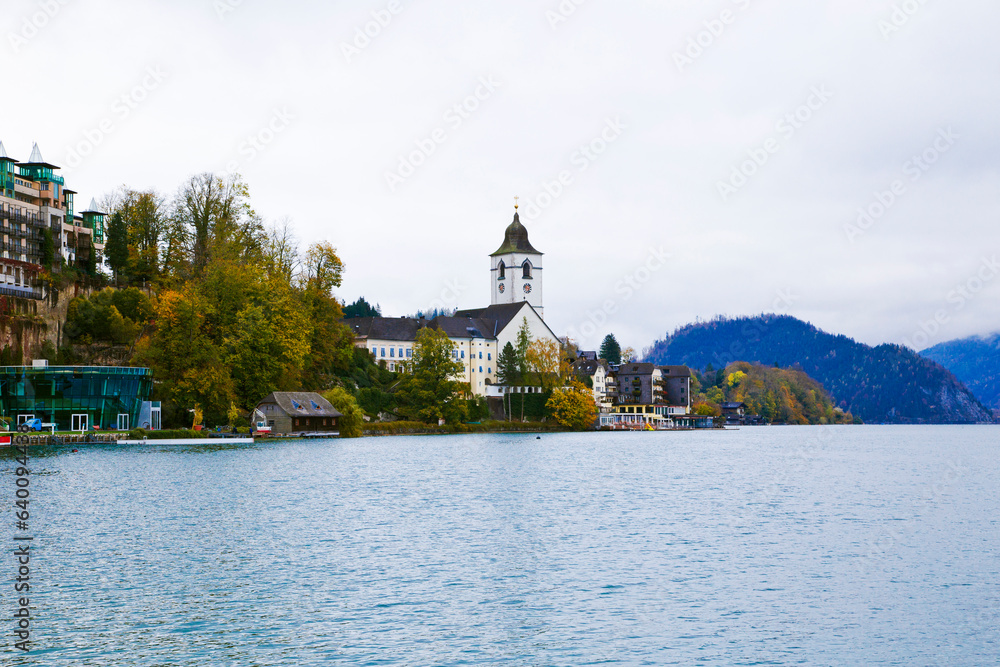 View of alpine village St. Gilgen and Wolfgangsee lake, Austria.